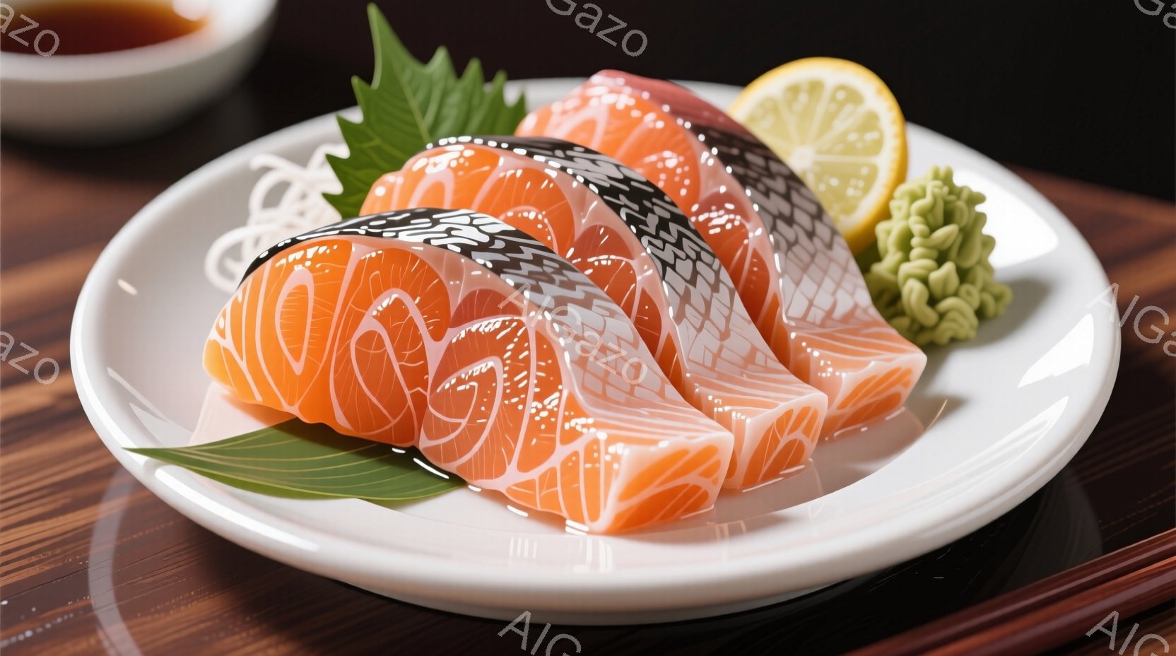 白い皿にサーモンの刺身が美しく盛り付けられています。鮮やかなオレンジ色の身は、繊細な模様が入り、緑色の葉とレモン、わさびの山と共に、食欲をそそるコントラストを生み出しています。木製のテーブルが背景にあ - AI生成フリー素材