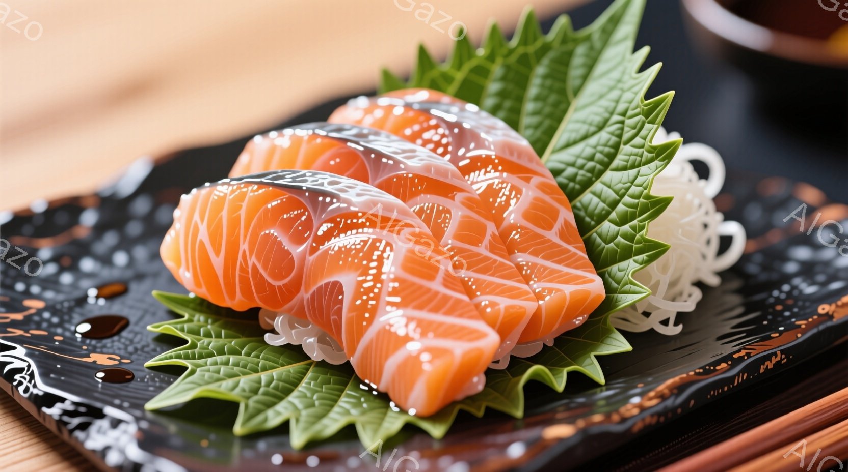 鮮やかなオレンジ色のサーモンが、緑色の葉の上に盛り付けられた美しい一品です。サーモンは丁寧に切り分けられ、まるでバラのような形をしています。黒いお皿の上に白い細切りが添えられ、全体として洗練された印象を与えます。