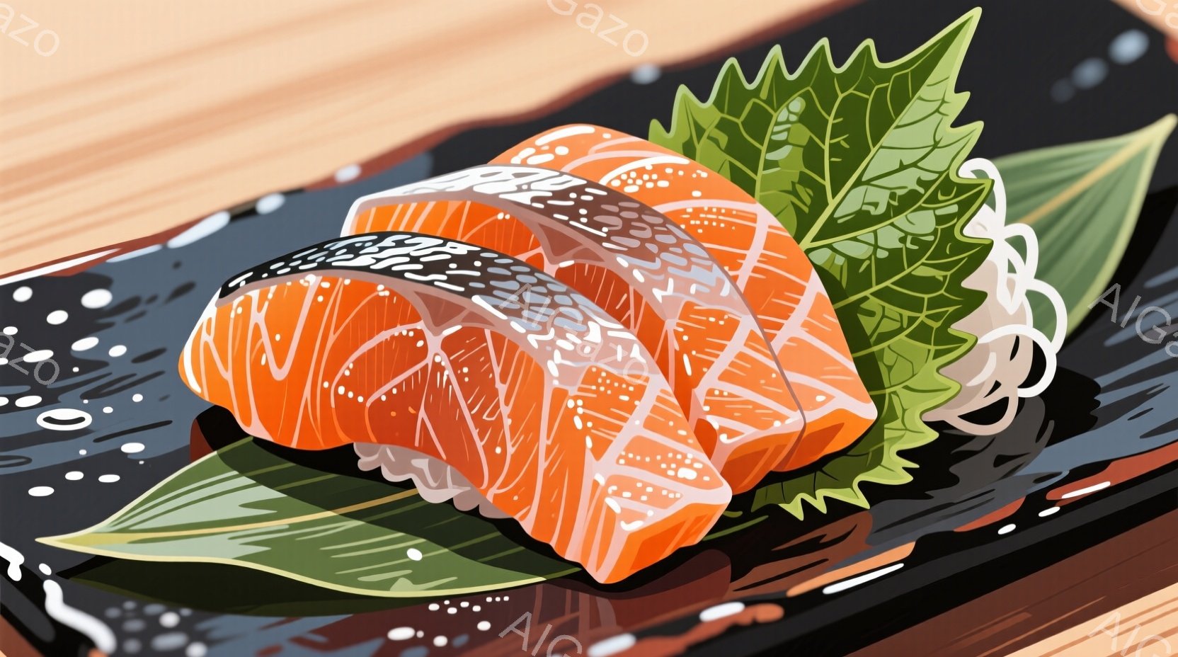 鮮やかなオレンジ色の鮭の切り身が、黒いお皿の上に置かれています。緑色の葉と白い飾り糸が添えられ、背景には水滴のような模様が広がっています。全体的に、シンプルながらも食欲をそそる、日本の料理の盛り付けを思わせる雰囲気です。