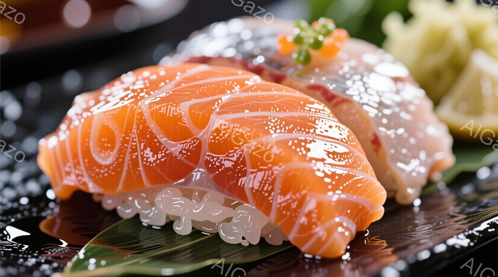 鮮やかなオレンジ色の鮭の刺身が、緑色の葉の上に美しく盛り付けられています。白い醤油の泡が表面を覆い、繊細な芸術作品のような印象を与えます。背景には、黒い皿と、わさびが添えられており、高級感と食欲をそそる雰囲気を醸し出しています。