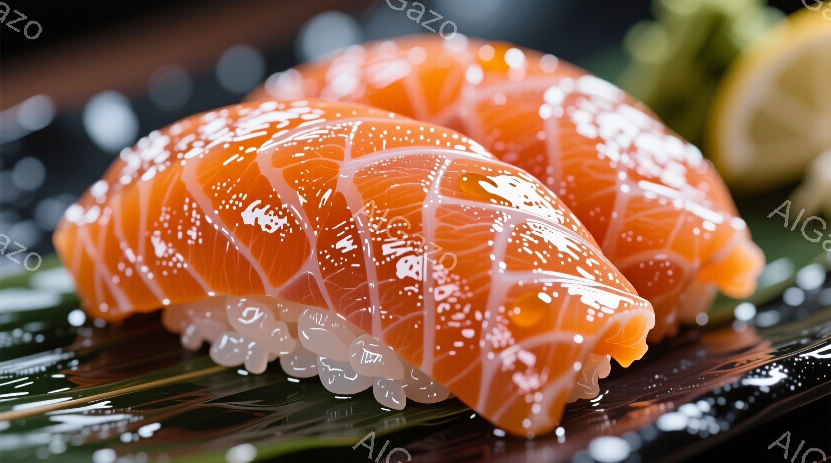 鮮やかなオレンジ色のサーモンが、白い縁取りの付いた寿司飯の上に置かれています。サーモンの表面には、細かい模様が刻まれており、まるで芸術作品のようです。背景は暗く、寿司が際立っており、食欲をそそる雰囲気です。