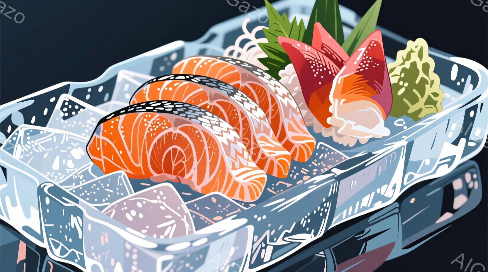 鮮やかなオレンジ色の鮭の切り身が、氷の上に盛り付けられています。緑色の葉と赤い実のようなものが添えられ、透明な容器がそれを囲んでいます。全体的に涼やかで、食欲をそそる印象を与えます。