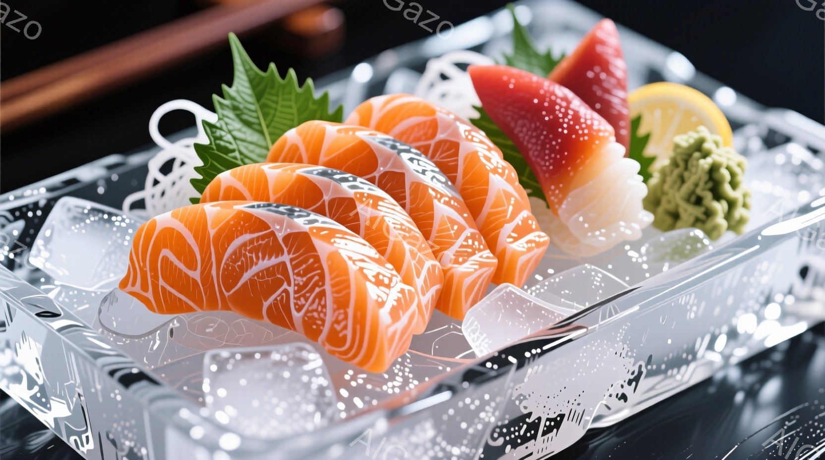 透明な氷の器に、新鮮なサーモンの刺身が盛り付けられています。ピンク色のサーモンは美しい縞模様を持ち、緑色の刻みネギ、山葵、レモン、そして赤い海苔と共に彩られています。背景は暗く、サーモンの鮮やかな色が - AI生成フリー素材