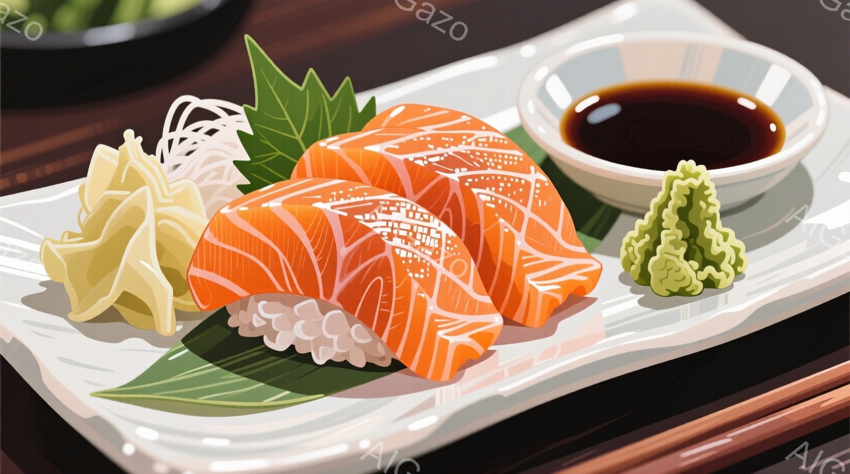 白い長方形の皿に、新鮮なサーモンが数切れ並べられています。緑色の葉と大根おろし、わさび、醤油が添えられており、日本の寿司料理の盛り付けを示しています。背景には、茶色の木製のテーブルと箸がわずかに見え、 - AI生成フリー素材