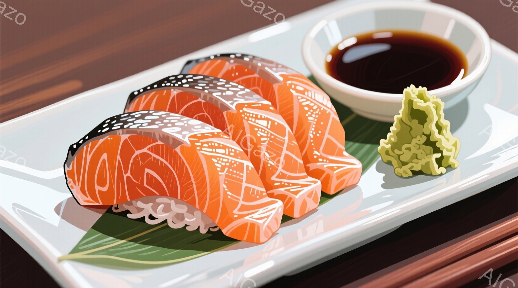 薄い長方形の白い皿に、鮮やかなオレンジ色の鮭の刺身が数切れ、緑色の葉の上に並べられています。 皿の隣には、濃い茶色の醤油が入った小さな白い丸い容器と、黄色みがかった緑色のわさびが添えられています。 背 - AI生成フリー素材