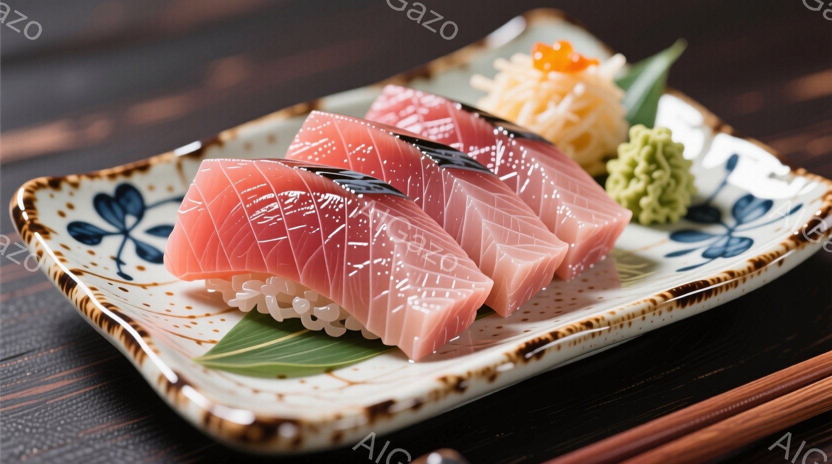 鮮やかなピンク色のマグロの刺身が、葉と醤油、わさびと共に、装飾的な四角い皿に盛り付けられています。皿は藍色と金色の模様で飾られており、背景には木製のテーブルが見えます。全体的に洗練された雰囲気で、日本 - AI生成フリー素材