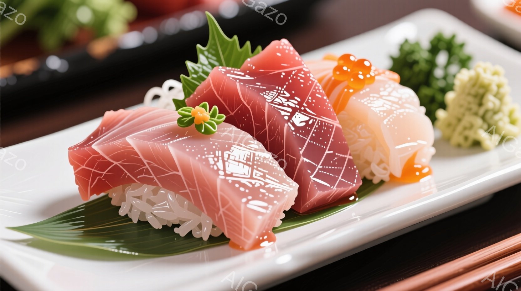 白い長方形の皿に、新鮮なマグロの刺身が盛り付けられています。ピンク色の身は美しいサシ模様で、オレンジ色のイクラと刻みネギ、そして緑色の葉で彩られています。背景には竹製の敷物と、少しぼやけた黒い背景が見え、洗練された日本の料理の雰囲気が漂います。