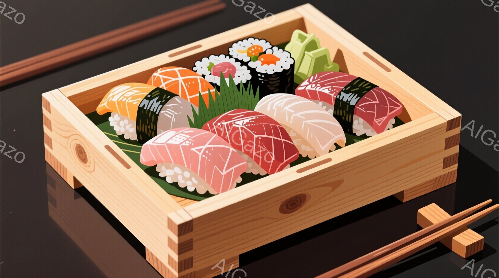 鮮やかな寿司が木製の長方形の容器に盛り付けられています。様々な種類の寿司が、サーモン、マグロ、エビなどの色とりどりの具材を見せ、緑色の葉と白いご飯に彩られています。背景は暗く、隣には箸が置かれ、シンプルながらも食欲をそそる雰囲気です。