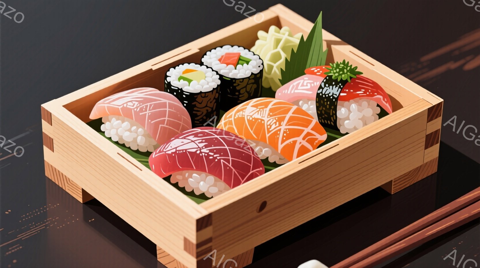 鮮やかな寿司が木製の箱の中に並べられています。様々な種類の寿司、例えばサーモン、マグロ、エビ、イカなどが見られ、それぞれが美しい色合いと形をしています。箱の奥には、寿司を添えるための緑色の葉が添えられ、全体的に食欲をそそる雰囲気が漂っています。