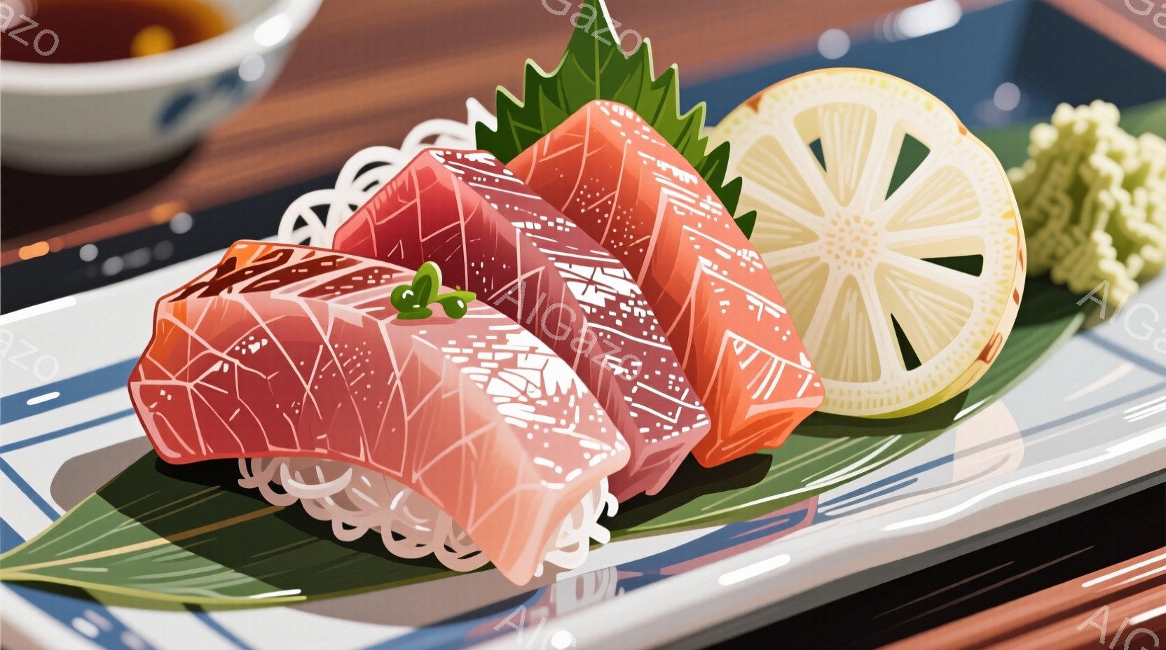 新鮮なマグロの刺身が、白い飾り糸を敷いた皿に盛り付けられています。レモンとワサビが添えられ、背景には木製のテーブルが見えます。全体的に、シンプルで上品な盛り付けで、食欲をそそる雰囲気です。 - AI生成フリー素材