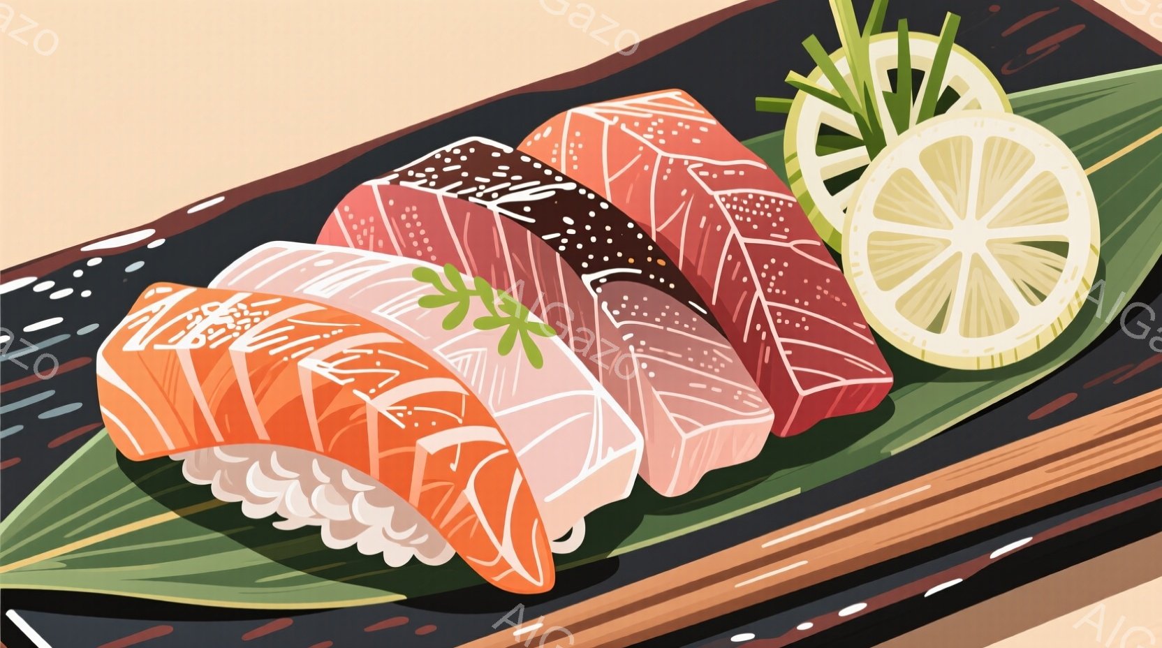 鮮やかなオレンジ色のサーモン、ピンク色の鯛、そして濃い茶色のマグロの握り寿司が、黒い台の上に並んでいます。レモンの切れ端と緑色の葉が添えられ、全体的に食欲をそそる色彩と質感が表現されています。背景は木 - AI生成フリー素材