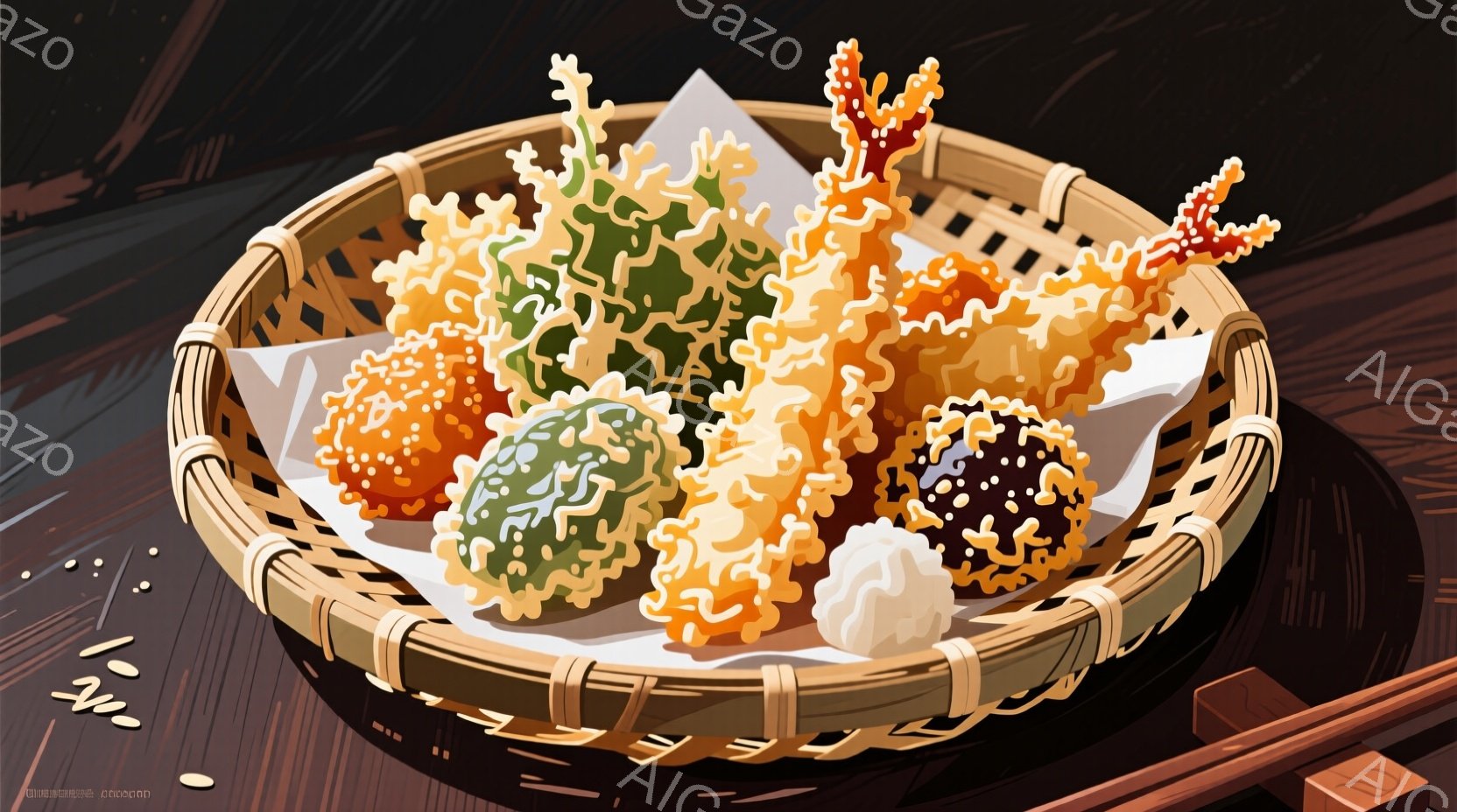 籠の中に様々な天ぷらが盛り付けられています。エビ天、野菜天、イカ天など、カラフルな衣が特徴的で、白い紙が敷かれており、美味しさを引き立てています。背景は暗い木目調で、天ぷらの鮮やかさが際立っています。