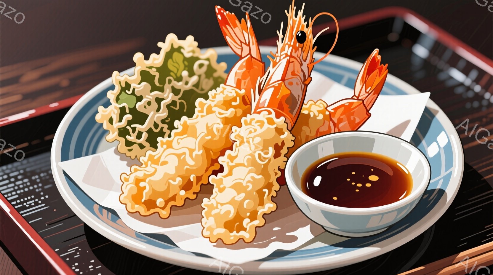 皿の上には、揚げたエビ天、野菜天、イカ天が乗せられ、紙の上に美しく盛り付けられています。そばつゆが盛られた小さな白い器が添えられており、黒い漆塗りのトレーの上に置かれています。全体的に、美味しそうな天ぷらを食欲をそそる角度で捉えた、食に関する鮮やかな構図です。