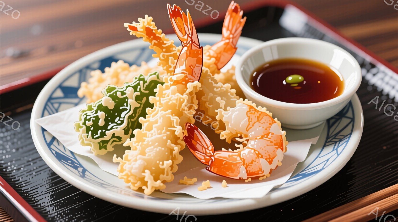 白い皿にエビ天、野菜の天ぷらが盛り付けられています。天ぷらは薄い衣で覆われ、オレンジ色のエビが鮮やかで食欲をそそります。添えられた小皿には、濃い醤油色のタレが入っており、全体的に上品な雰囲気です。 - AI生成フリー素材