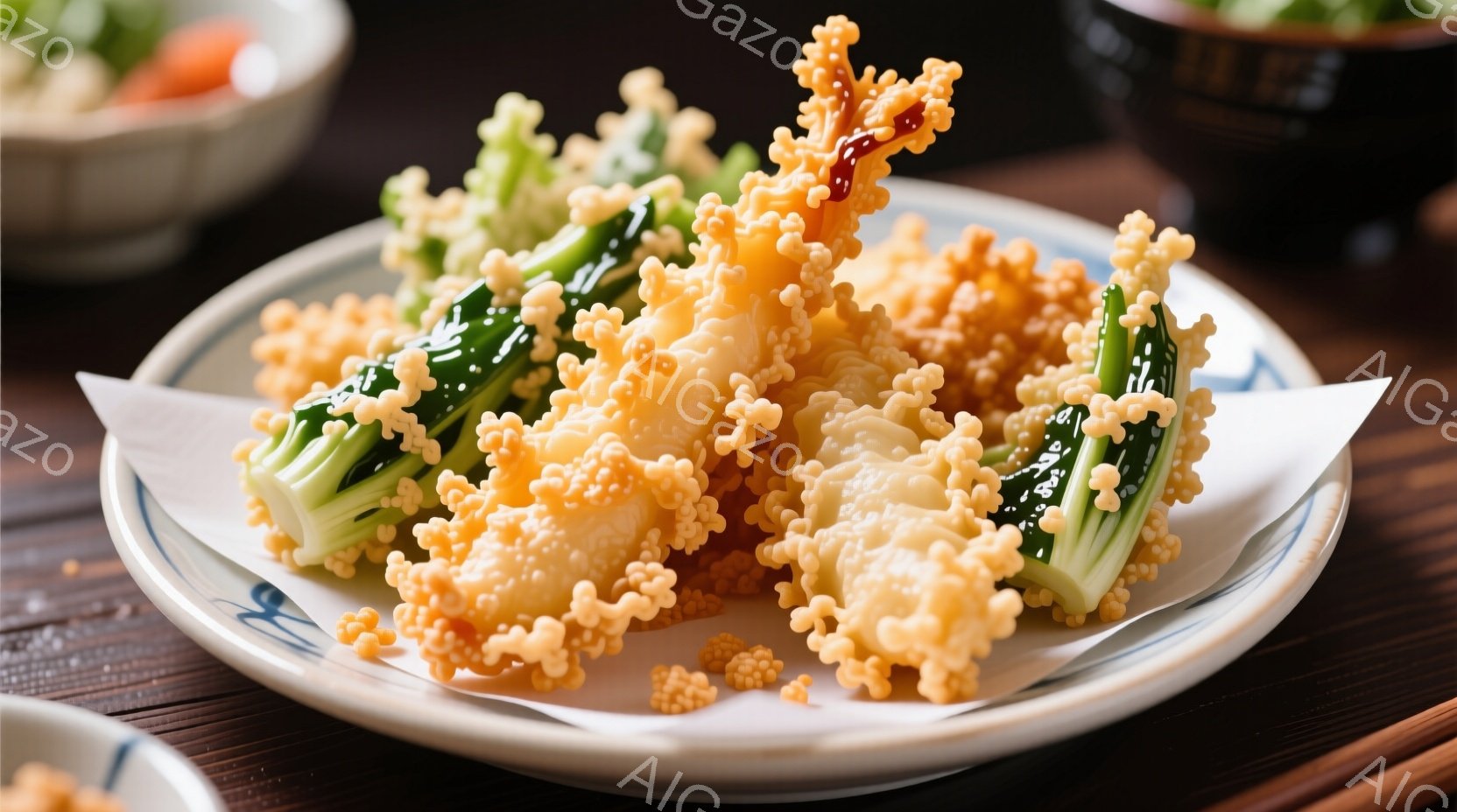 皿には、カリカリに揚げられたれんこんが盛り付けられています。れんこんは細長く切られ、まるで海藻のような独特の形状をしており、淡い黄金色で食欲をそそります。背景には、他の料理が写っており、日本の家庭料理を思わせる温かい雰囲気が漂っています。