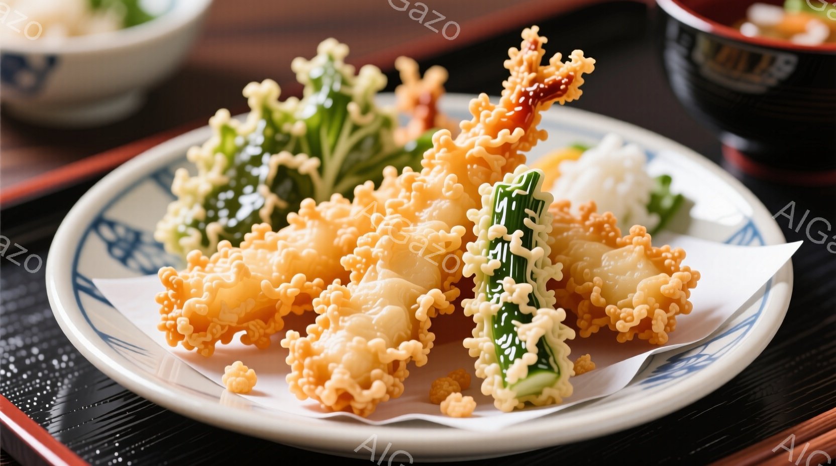 白いお皿の上に、カラフルな天ぷらが盛り付けられています。天ぷらは野菜のようであり、緑色の茎の部分と、カリカリとした茶色の衣が特徴的です。背景には、漆塗りの膳が見え、和食の落ち着いた雰囲気が漂っています。