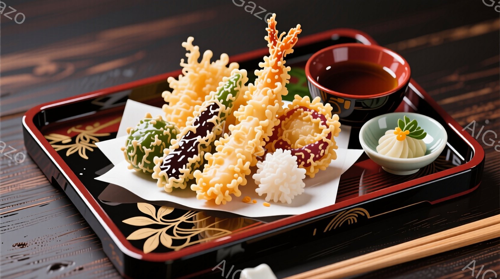黒塗りの膳に、様々な種類の天ぷらが盛り付けられています。エビ天、野菜天、イカ天などが見られ、白い紙の上に美しく配置されています。天つゆが入った茶碗と、わさびが添えられた白い小さな皿が隣に置かれ、上品で食欲をそそる雰囲気を醸し出しています。