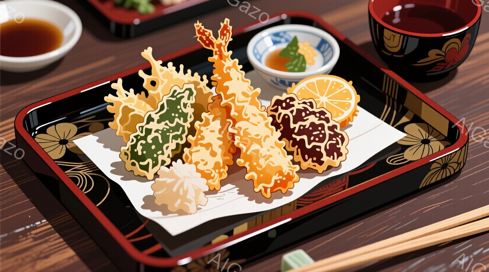 揚げ物の盛り合わせが黒い漆塗りの盆に載せられています。天ぷらはエビ、かぼちゃ、野菜など様々な種類があり、レモンの切れ端とともにおいしそうに盛り付けられています。盆の脇には、つゆが入った小さな器と、赤色の湯呑みが置かれ、背景には箸が少しだけ見えています。