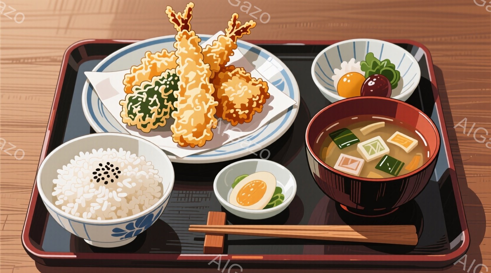 膳の上に、白米、味噌汁、天ぷら、そして小鉢に入ったおかずが並んでいます。天ぷらは海老と野菜のようであり、ご飯には黒いごまが振られています。全体的に温かく、家庭的な食事が表現されており、落ち着いた雰囲気が漂っています。