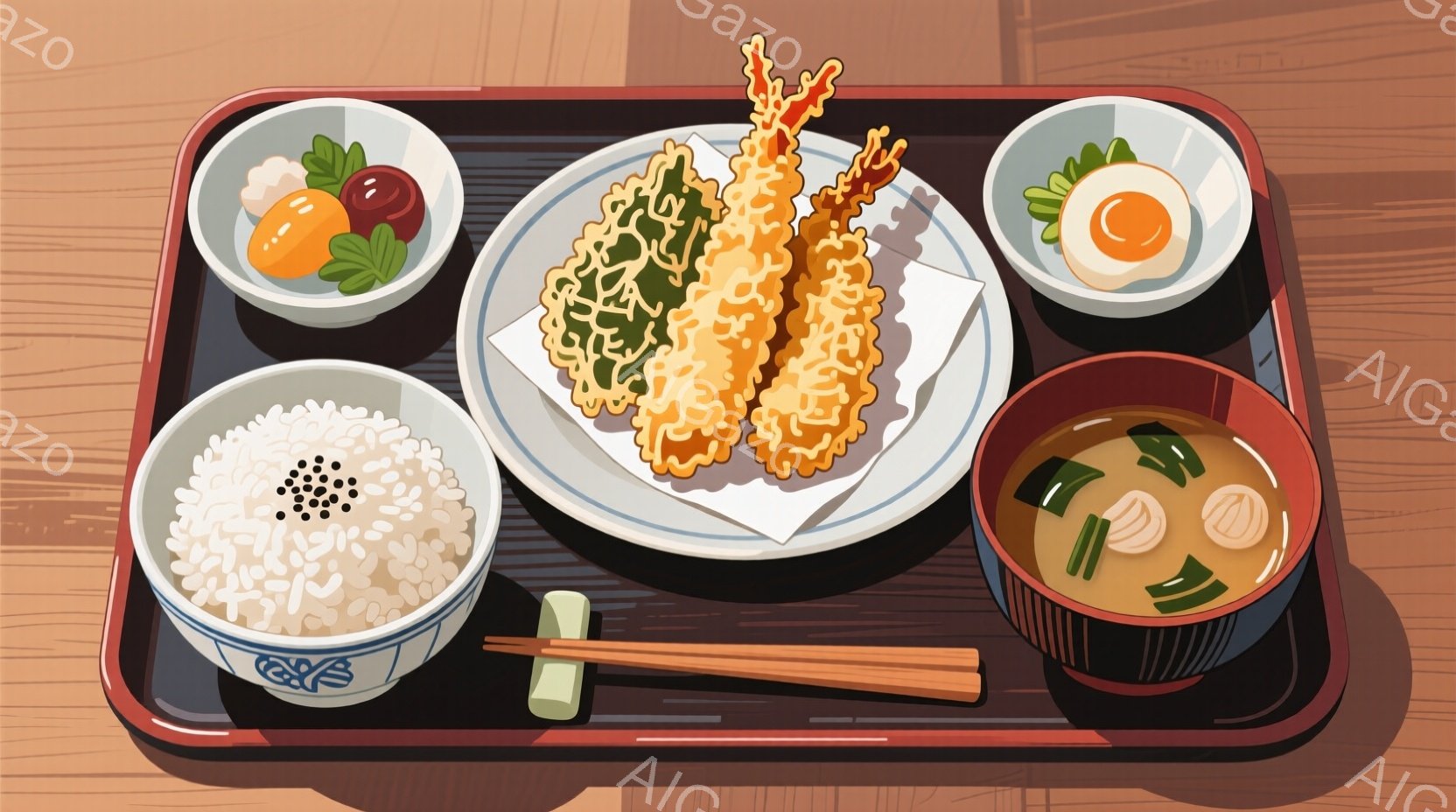 膳には、ご飯、味噌汁、天ぷらが盛り付けられています。ご飯は白く、海苔が散らされており、味噌汁にはネギと豆腐が入っています。天ぷらはエビと野菜で、美味しそうに盛り付けられています。