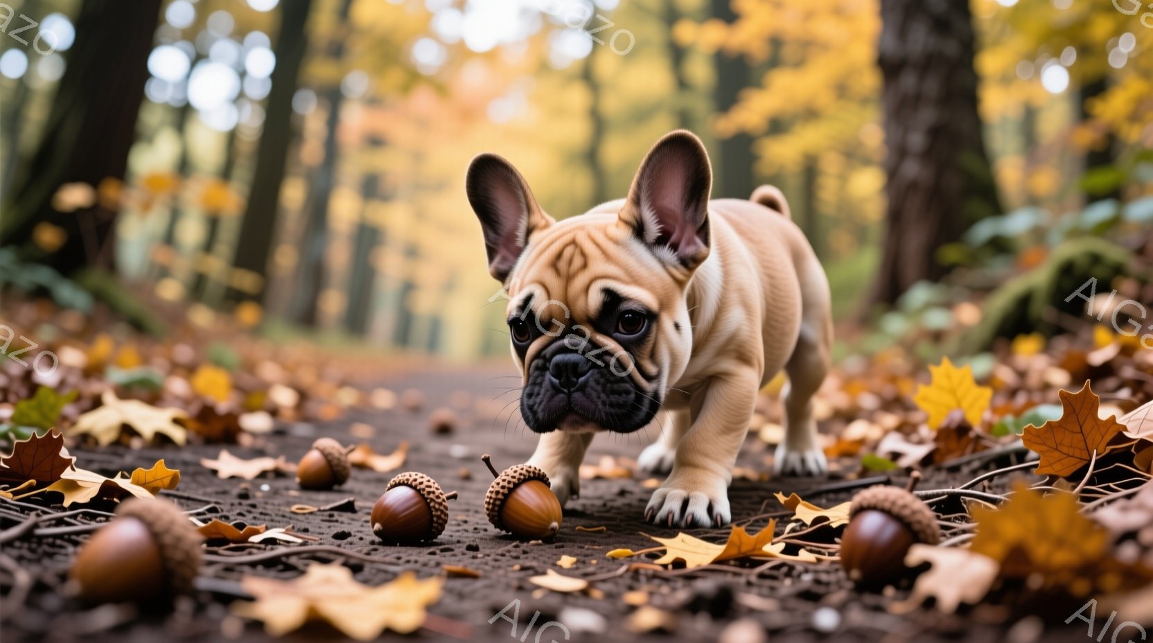 鮮やかな黄色の落ち葉とドングリが散りばめられた森の道で、子犬のフレンチブルドッグがこちらに向かって歩いてくる姿が捉えられています。子犬は明るいクリーム色の毛並みで、大きな耳をピンと立て、好奇心旺盛な表 - AI生成フリー素材