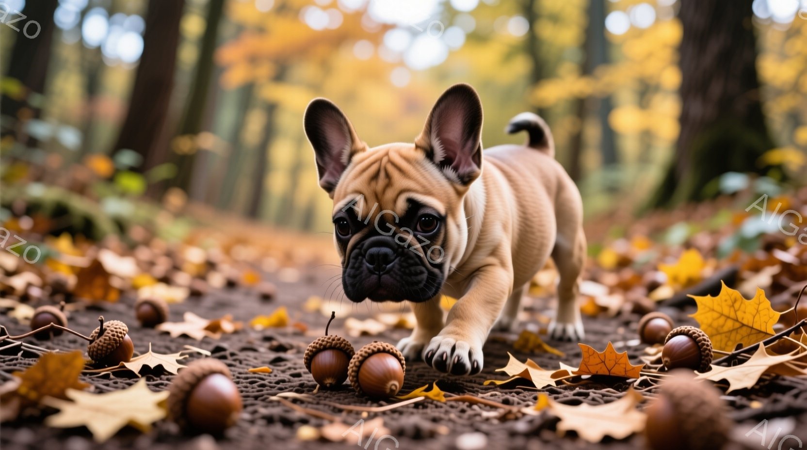 鮮やかな秋の森の中を、小さなフレンチブルドッグが歩いている。地面には落ち葉とドングリが散らばり、犬は前方に視線を向け、軽快な足取りで進んでいる。背景は木々に囲まれ、暖かく穏やかな秋の雰囲気が漂っている - AI生成フリー素材