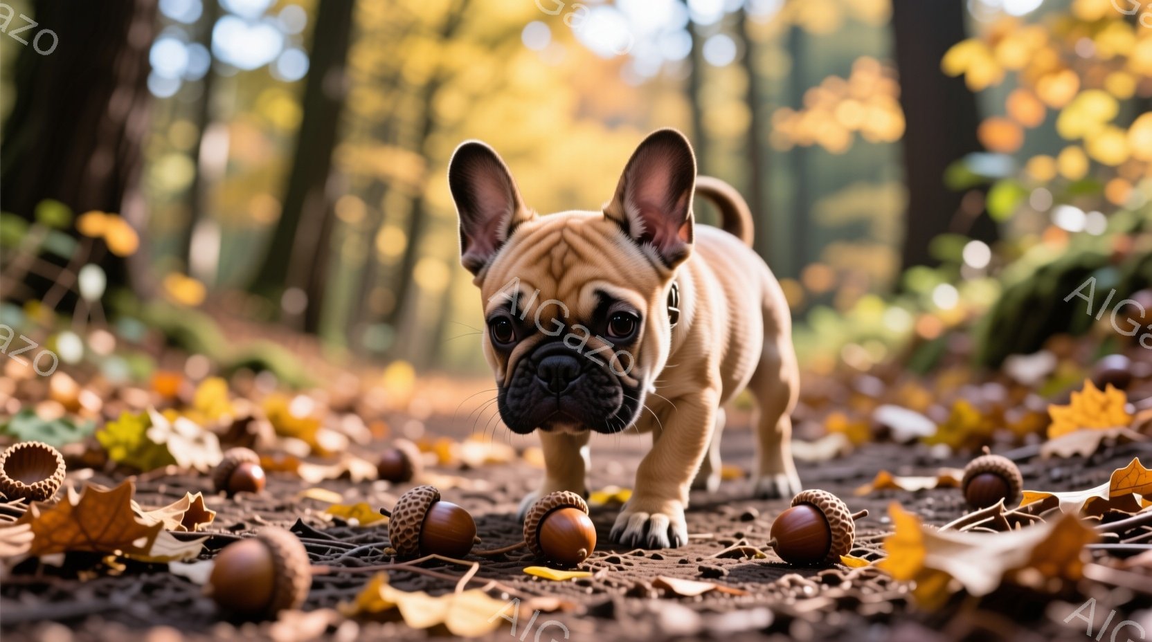 小さなフレンチブルドッグが、落ち葉とドングリが散らばる森の小道を歩いている。子犬は前方をじっと見つめ、好奇心旺盛な表情をしている。背景は秋の色彩に染まった木々で、暖かく穏やかな雰囲気を醸し出している。 - AI生成フリー素材