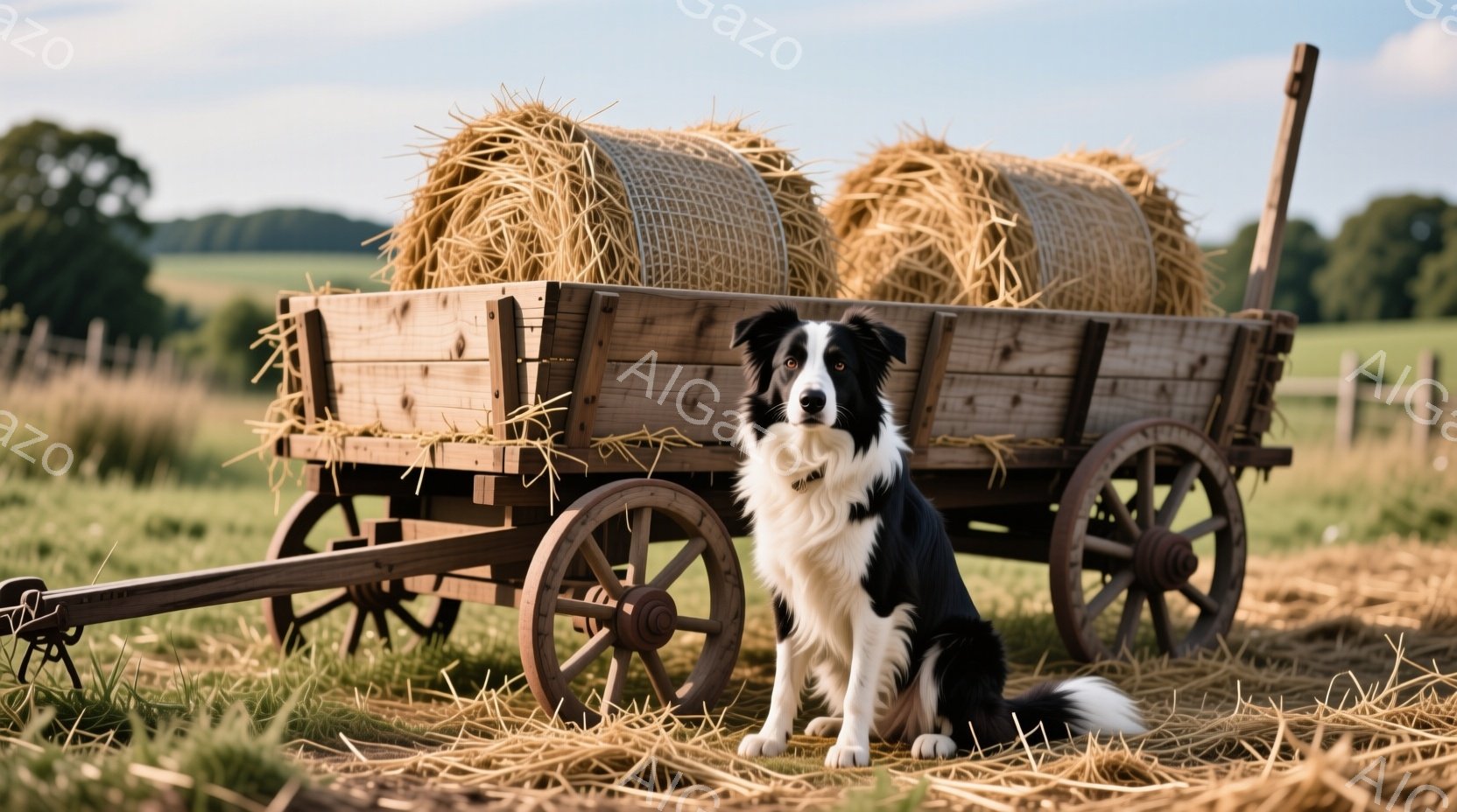 黒と白のボーダーコリーが、干し草を積んだ古い木製の馬車の前で座っています。背景には緑の草原と遠くの木々が見え、天候は晴れで穏やかです。全体的に、のどかで牧歌的な雰囲気が漂っています。