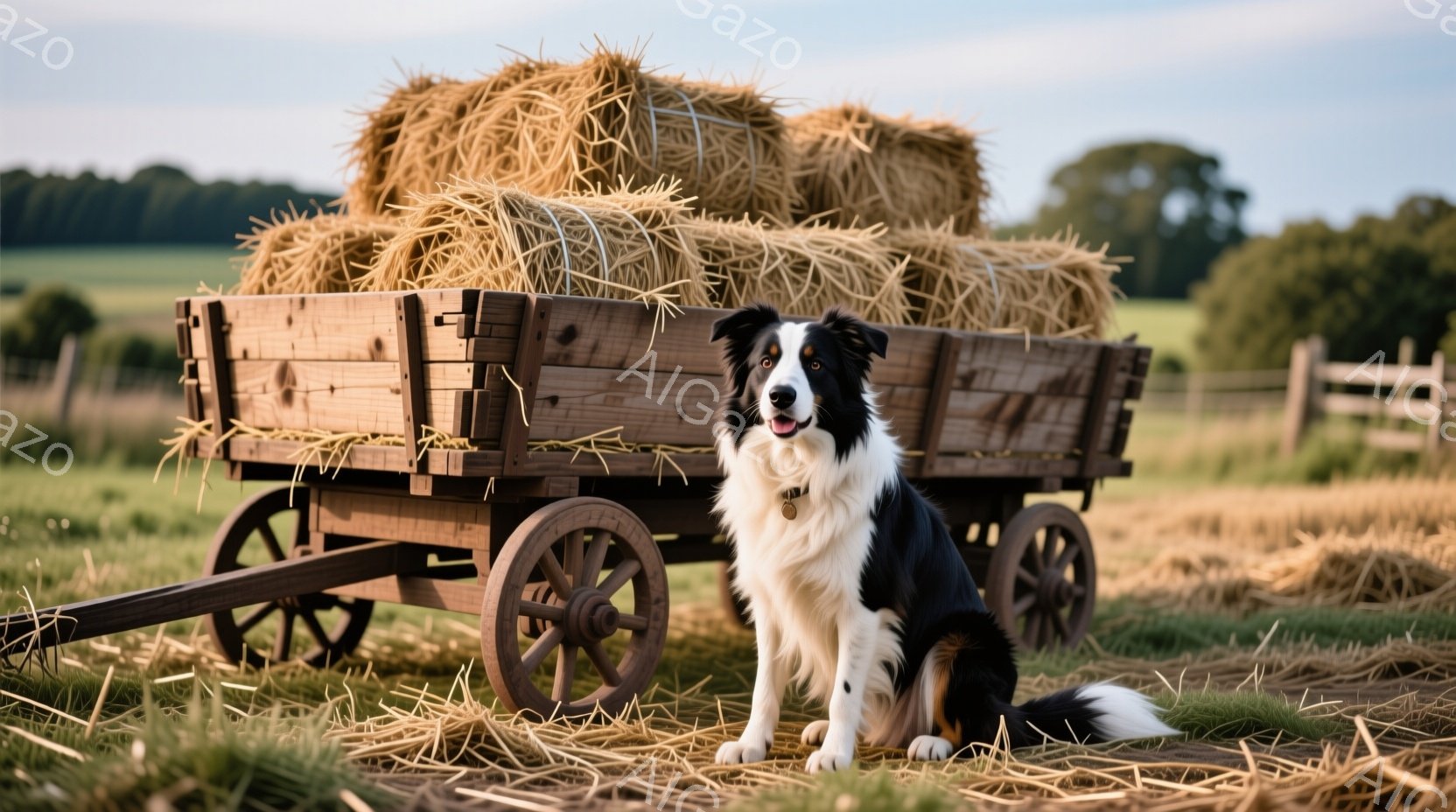 黒と白のボーダーコリーが、わらで満たされた古びた馬車のある牧草地で座っています。犬は正面を見据え、口角がわずかに上がり、落ち着いた表情をしています。背景には緑の草地が広がり、遠くに木々が見え、穏やかで - AI生成フリー素材