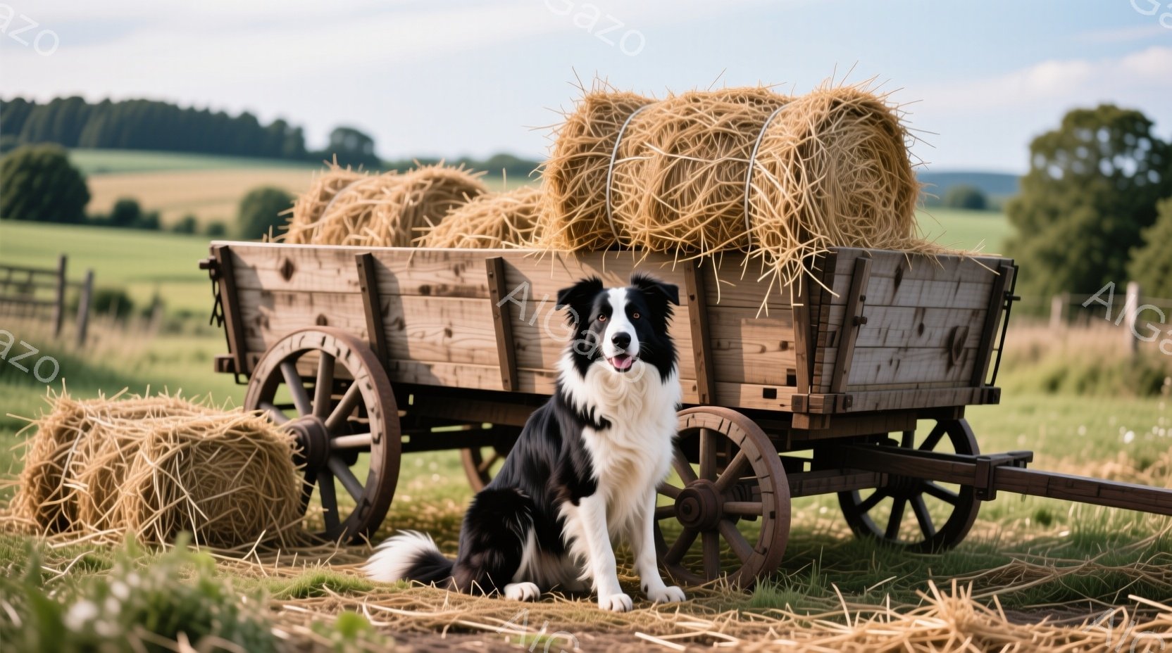 黒と白のボーダーコリーが、干し草を積んだ古びた馬車と、散らばった干し草の間に座っています。犬は正面を見ており、口を開けて楽しそうに微笑んでいます。背景には緑豊かな牧草地と遠くの森林があり、晴れた空の下 - AI生成フリー素材