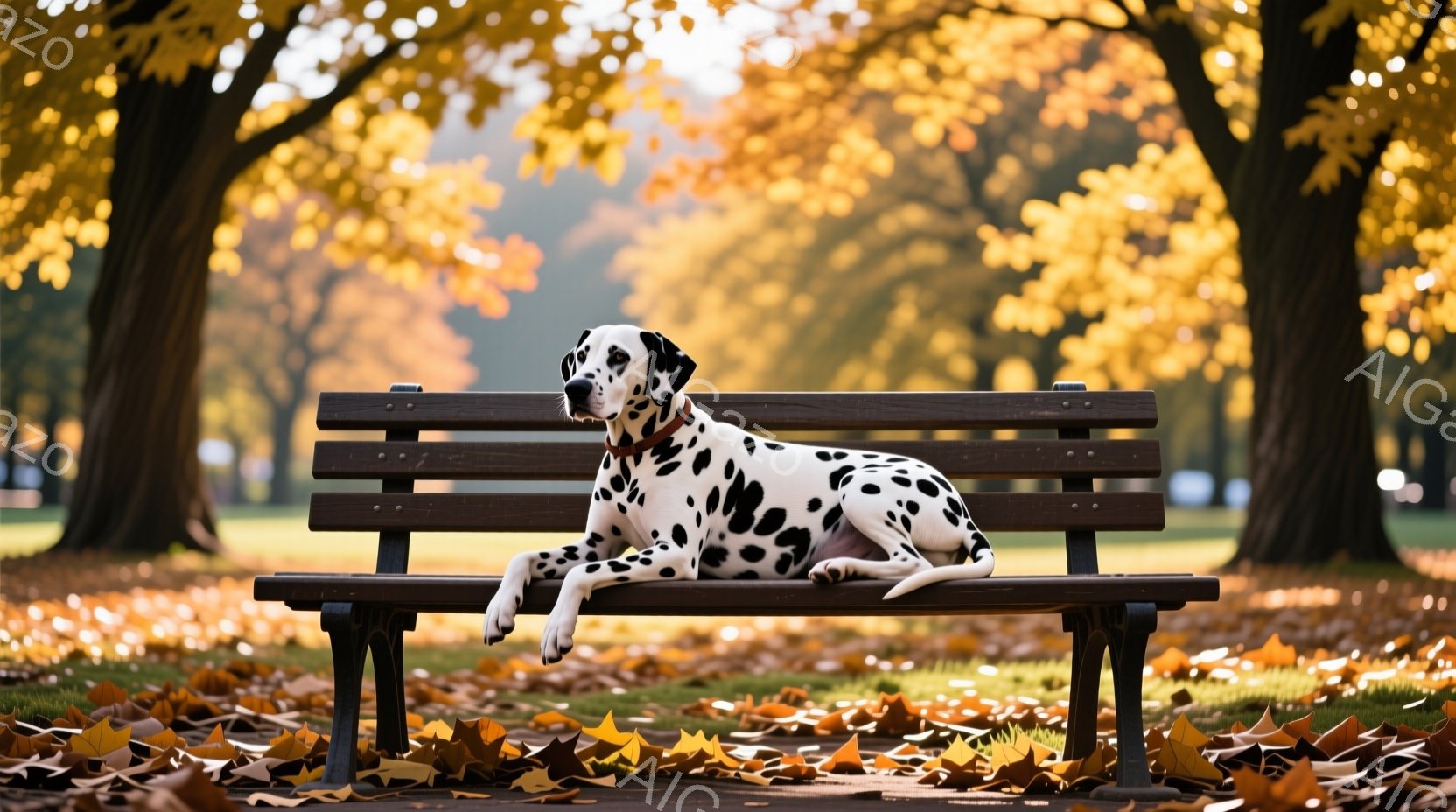 ダルメシアン犬が公園の木製ベンチに横たわっており、リラックスした様子で片足をだらしなく投げ出しています。背景には黄金色の葉が散りばめられた緑の芝生と、秋の暖かな光の中でそびえ立つ木々が見えます。 全体 - AI生成フリー素材