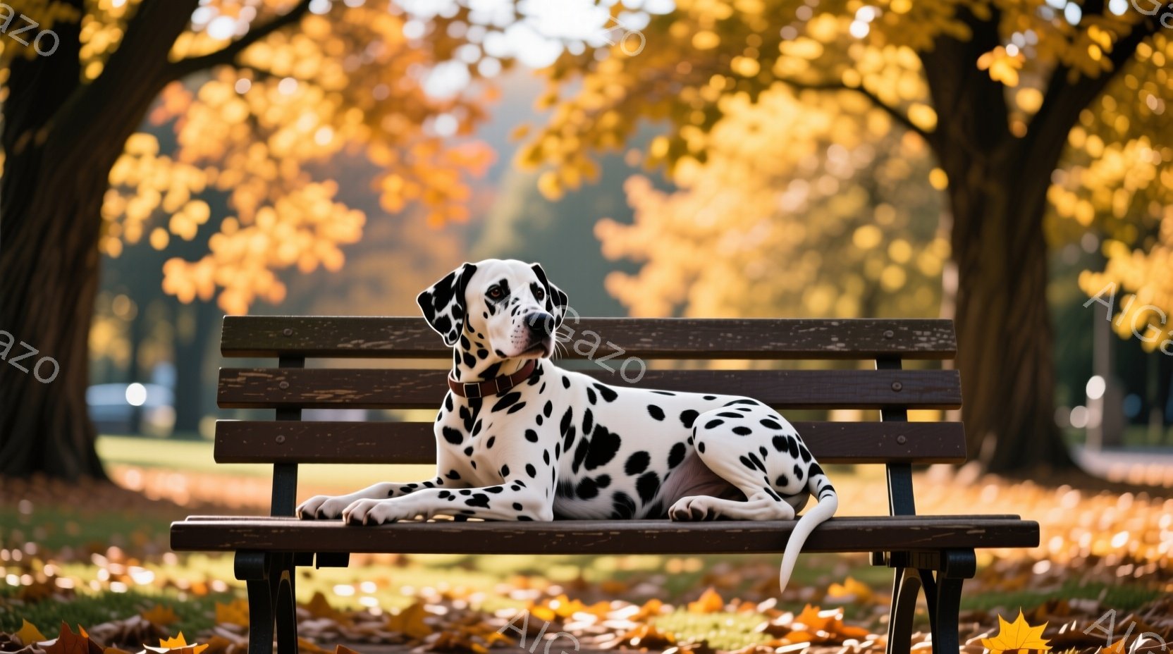 ダルメシアン犬が公園の木製ベンチに横たわっています。秋の黄色い葉が地面を覆い、背景にはぼやけた木々が立ち並び、暖かく穏やかな雰囲気です。犬は落ち着いた表情で、リラックスした様子が伝わってきます。 - AI生成フリー素材
