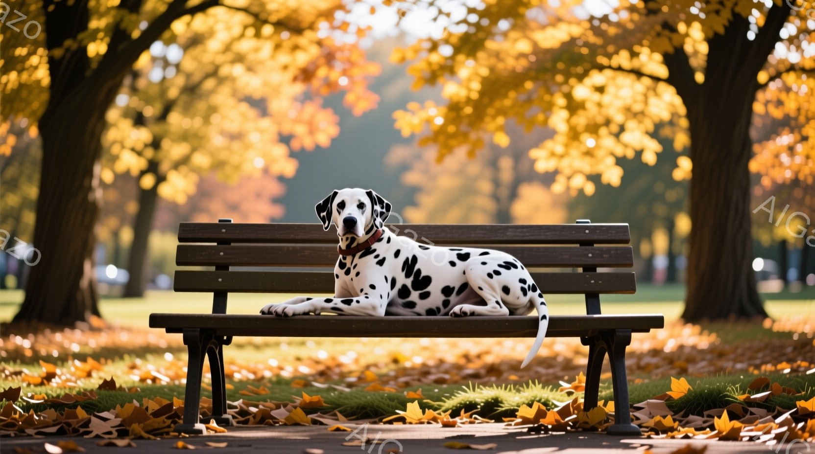 白地に黒い斑点模様のダルメシアン犬が、落ち葉が散らばる公園のベンチに横たわっている。犬は赤い首輪をつけ、リラックスした様子で前方を向いており、周囲には秋らしい黄色の葉が敷き詰められている。背景には木々 - AI生成フリー素材