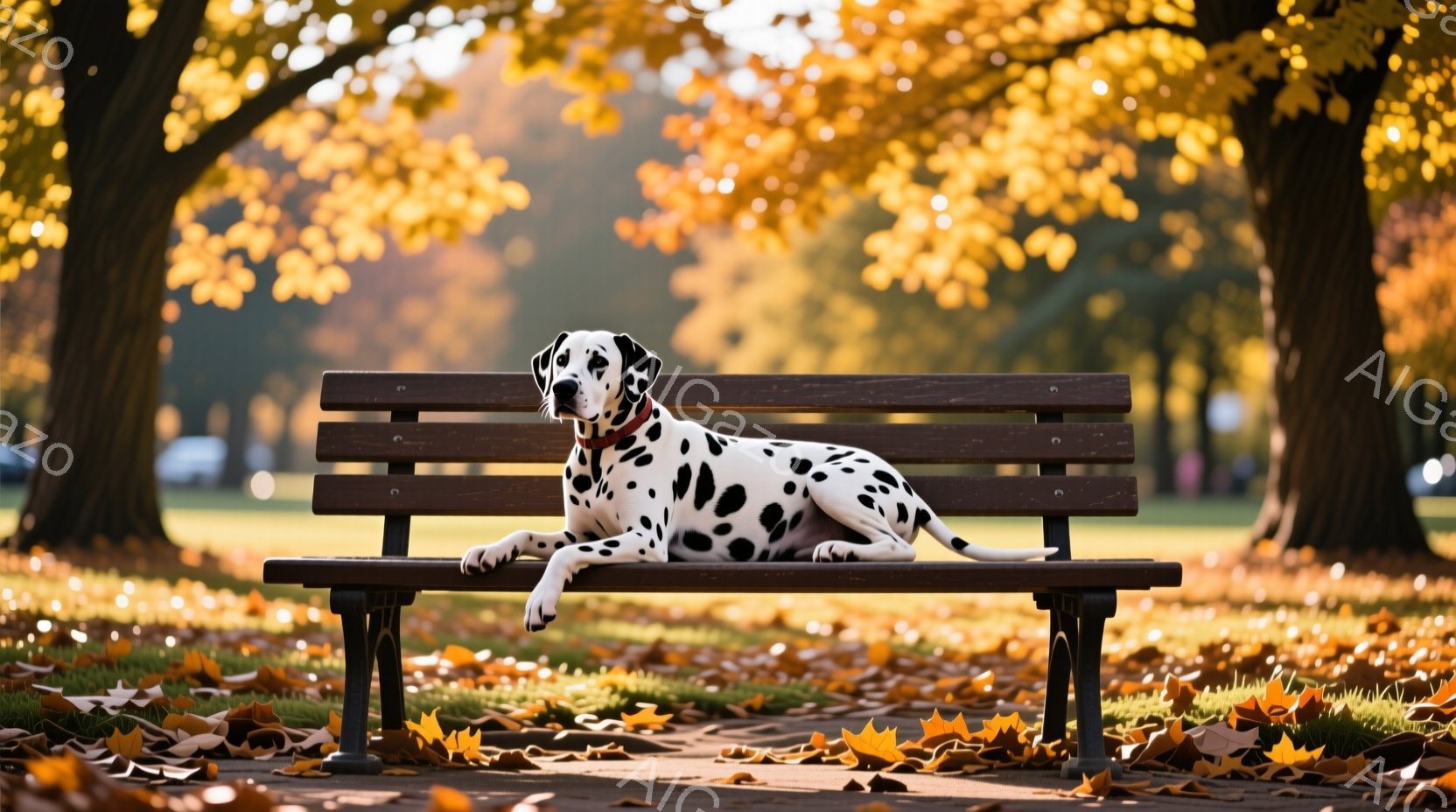 ダルメシアン犬が公園のベンチに横たわっている様子が捉えられています。秋の黄葉が敷き詰められた地面と、背景にはぼやけた木々が広がり、暖かく穏やかな雰囲気が漂っています。犬はリラックスした姿勢で、赤い首輪 - AI生成フリー素材