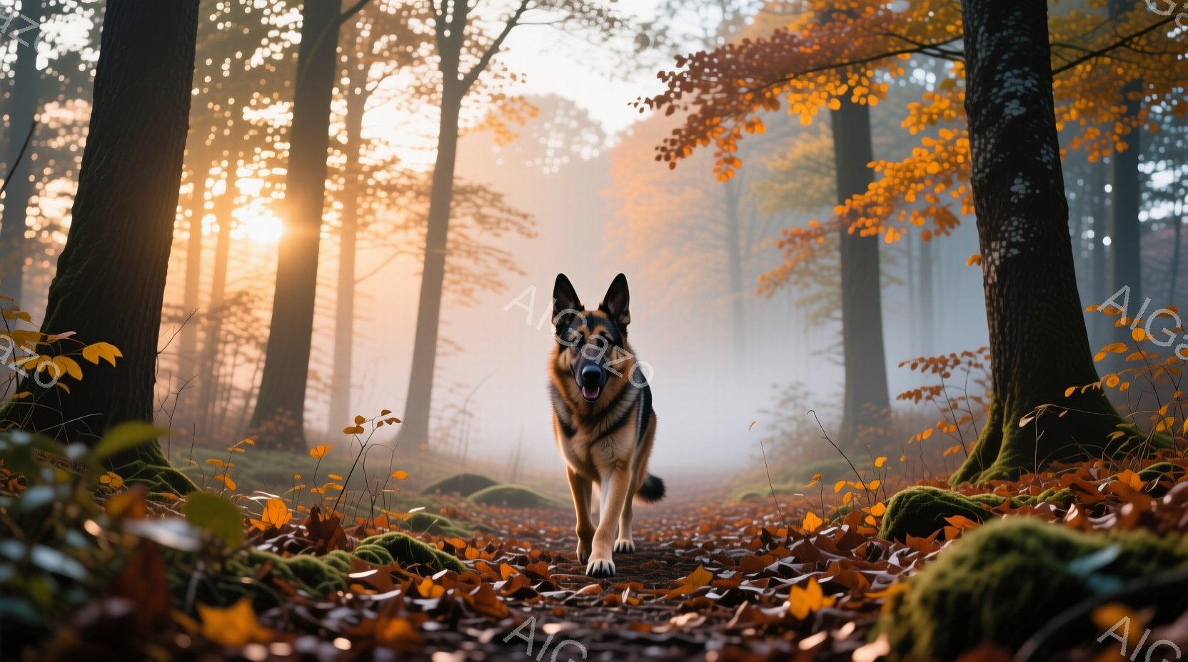 鮮やかな秋の森を背景に、ジャーマンシェパードがまっすぐこちらを見て立っている。地面は落ち葉で覆われ、木々には秋らしい紅葉が広がっている。朝霧が立ち込め、光が差し込み、暖かく神秘的な雰囲気を醸し出している。
