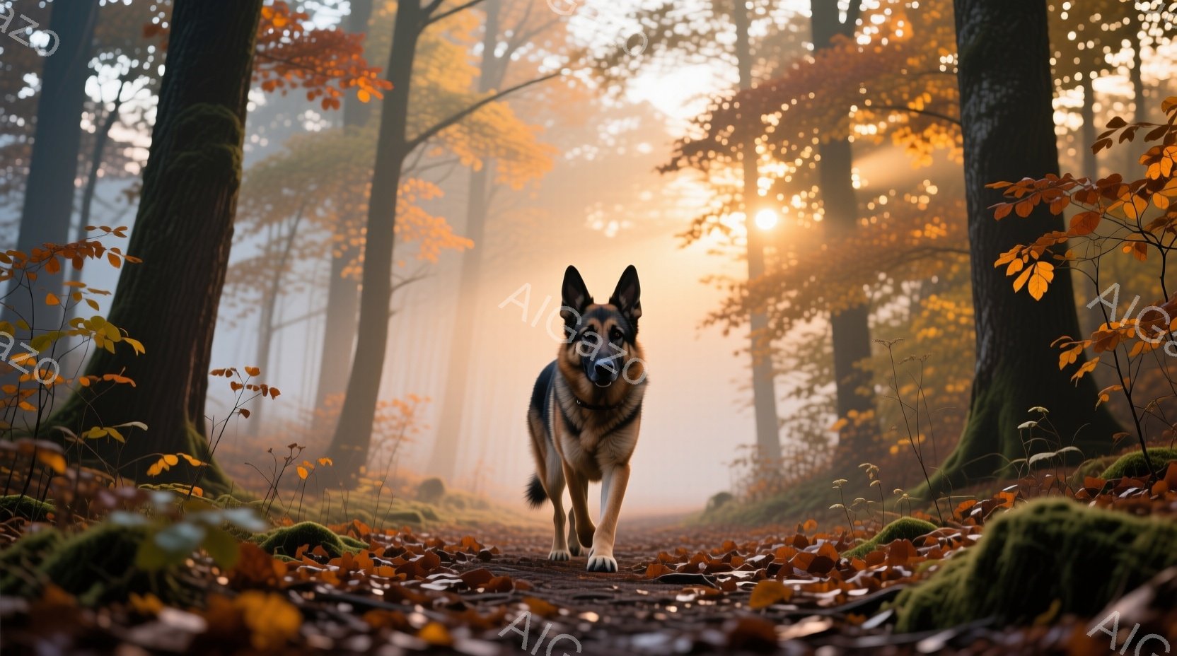 秋の森の中を歩くジャーマンシェパード犬を描いています。犬はまっすぐカメラの方を見ており、強い眼差しと堂々とした姿勢が印象的です。背景は霧に包まれた木々で、落ち葉が敷き詰められた道と暖かい夕日の光が、穏やかで神秘的な雰囲気を醸し出しています。