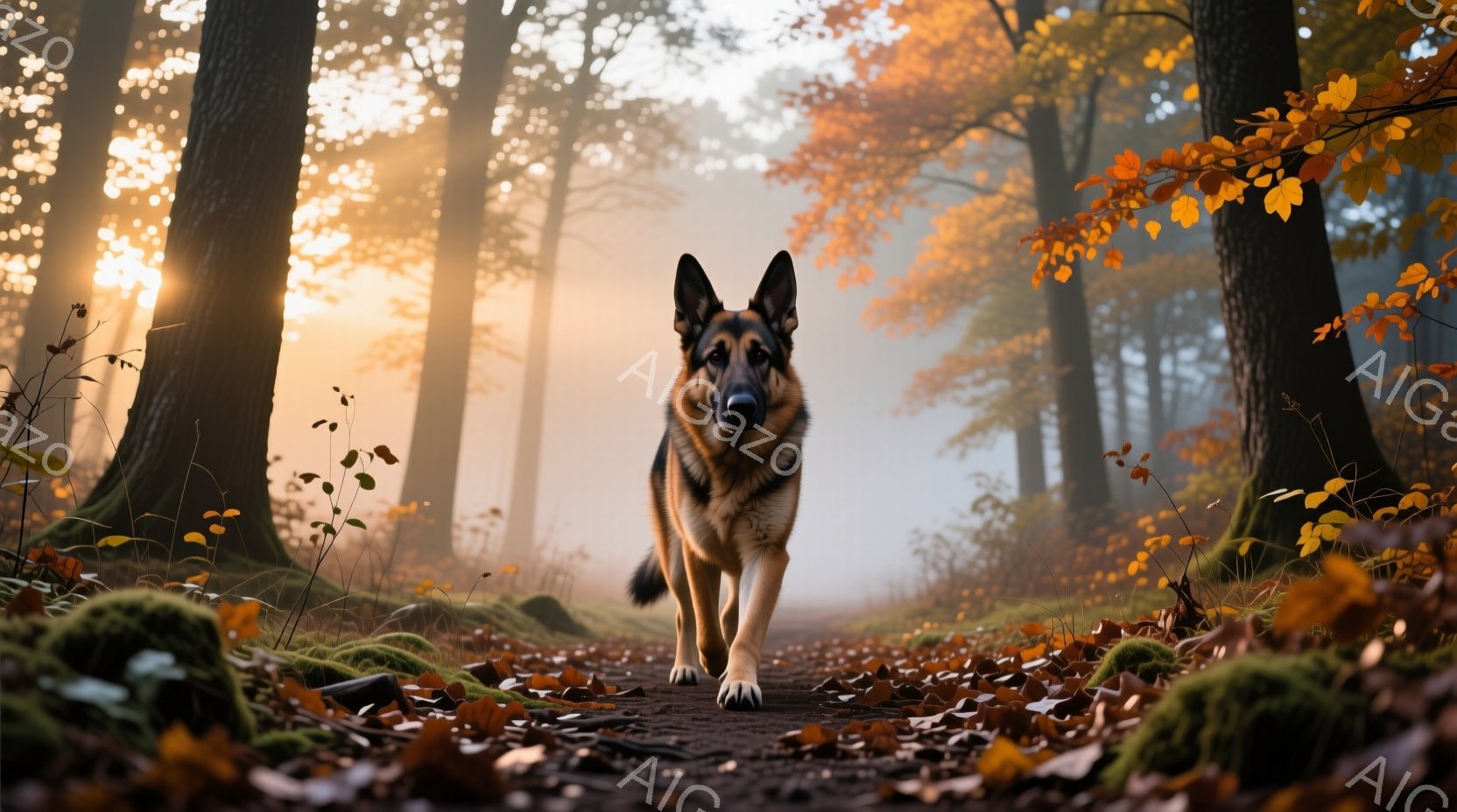 秋の森の中を、ドイツシェパードが正面を向いて歩いている。落ち葉が敷き詰められた道と、霧のかかった木々の間から差し込む木漏れ日が、暖かく幻想的な雰囲気を醸し出している。犬の毛並みは艶やかで、凛々しい姿が印象的だ。