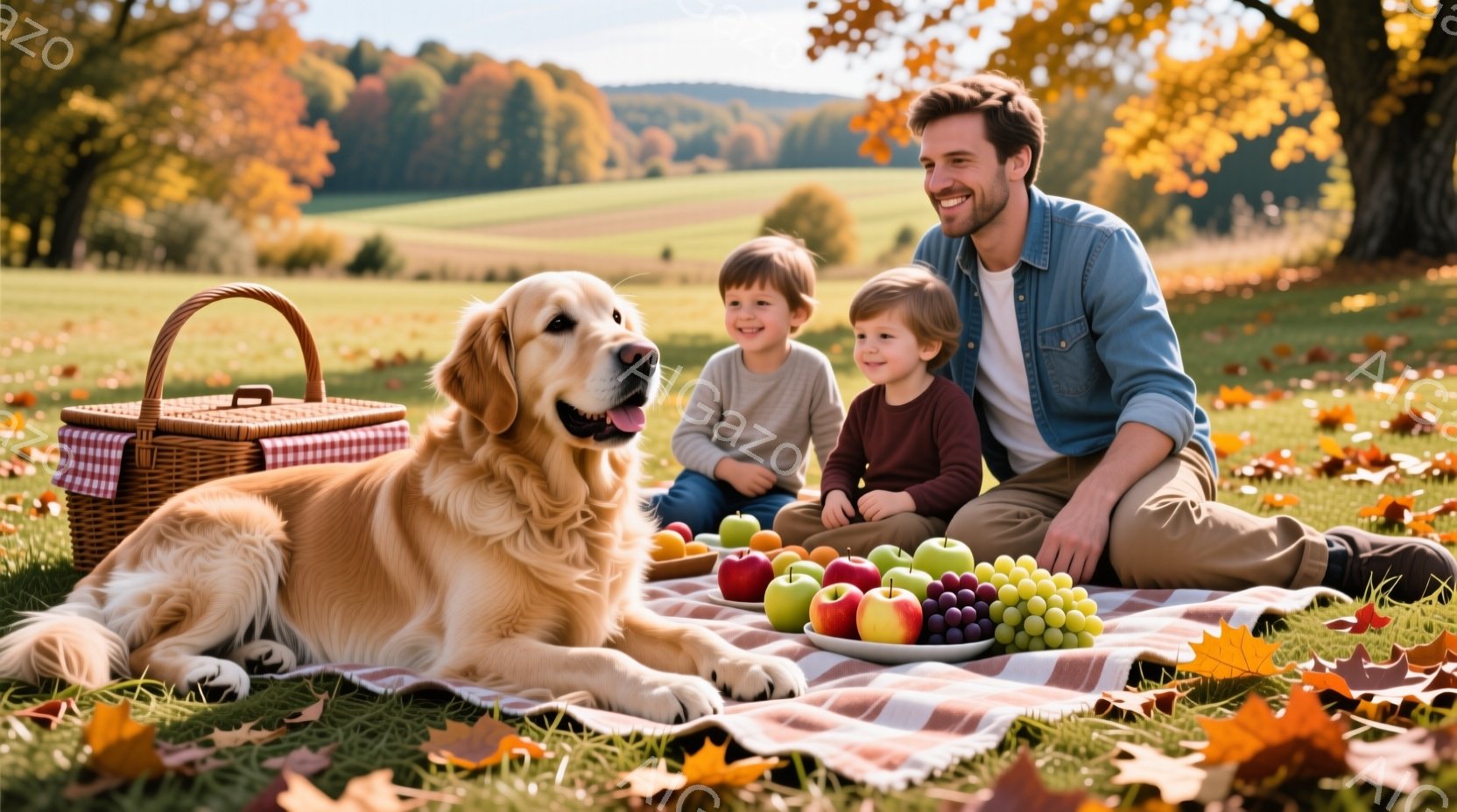 広々とした緑の草原で、金色のレトリバーがピクニックシートの上で横たわり、２人の幼い少年がフルーツを前にして笑顔で座っています。大人はデニムシャツとカーキ色のズボンを着用し、子供たちはそれぞれグレーと赤 - AI生成フリー素材