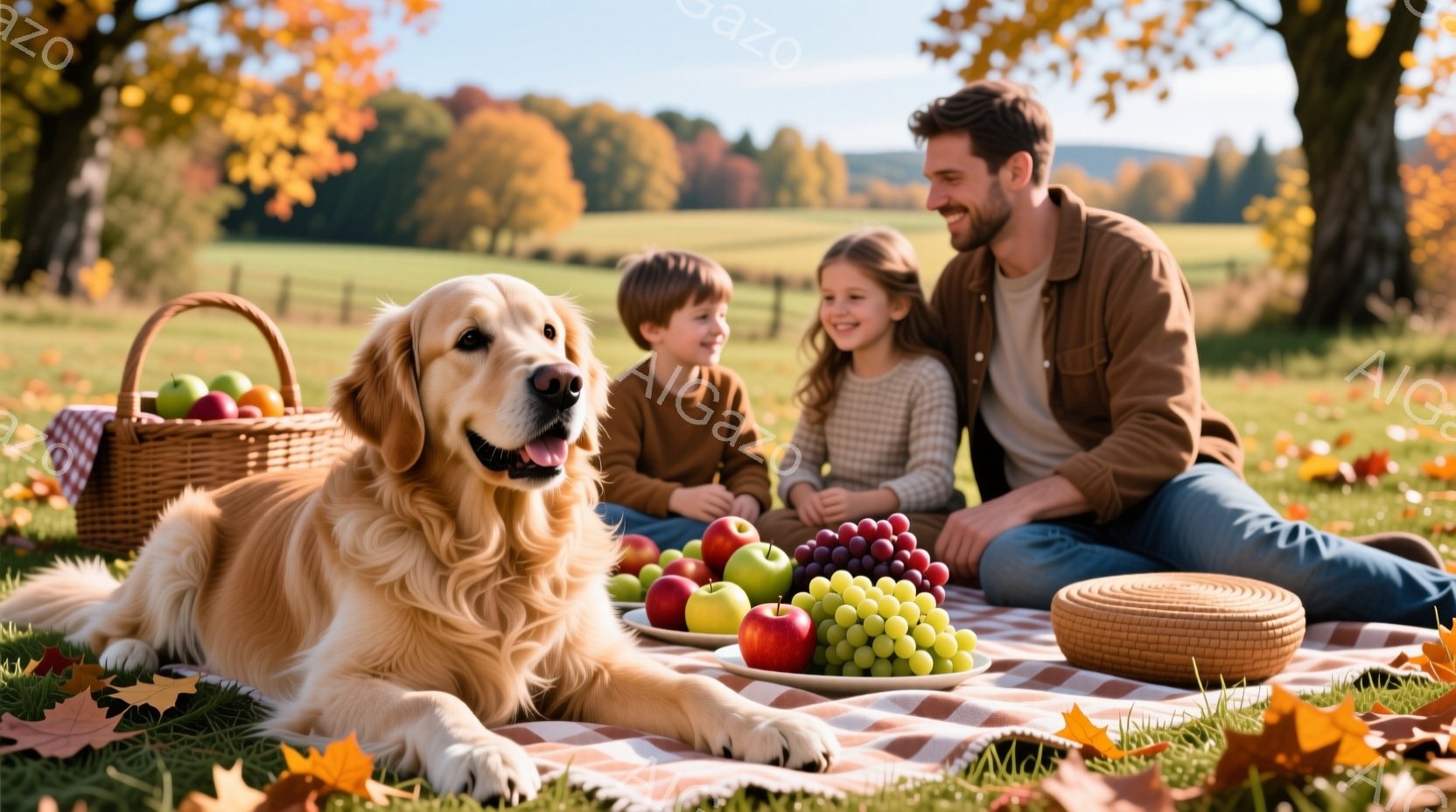 広々とした草原でピクニックを楽しむ家族とゴールデンレトリバーが写っている。父はジーンズと茶色のジャケットを着て、息子と娘と一緒に座っており、皆笑顔でリラックスした様子だ。背景には紅葉した木々と青空が広 - AI生成フリー素材