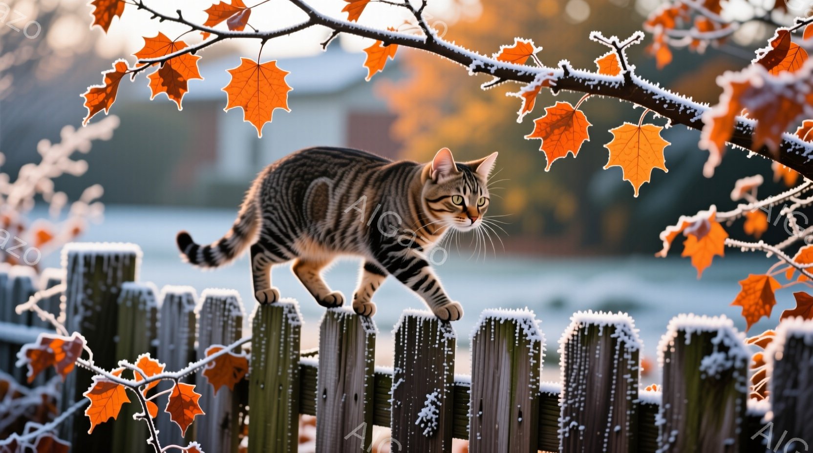茶色の縞模様の猫が、霜で覆われた木のフェンスの上を歩いている。背景にはぼやけた木々が見え、落ち葉が霜で覆われた枝に散らばっている様子が描かれている。全体的に、秋の寒々とした、静かで平和な雰囲気が漂っている。