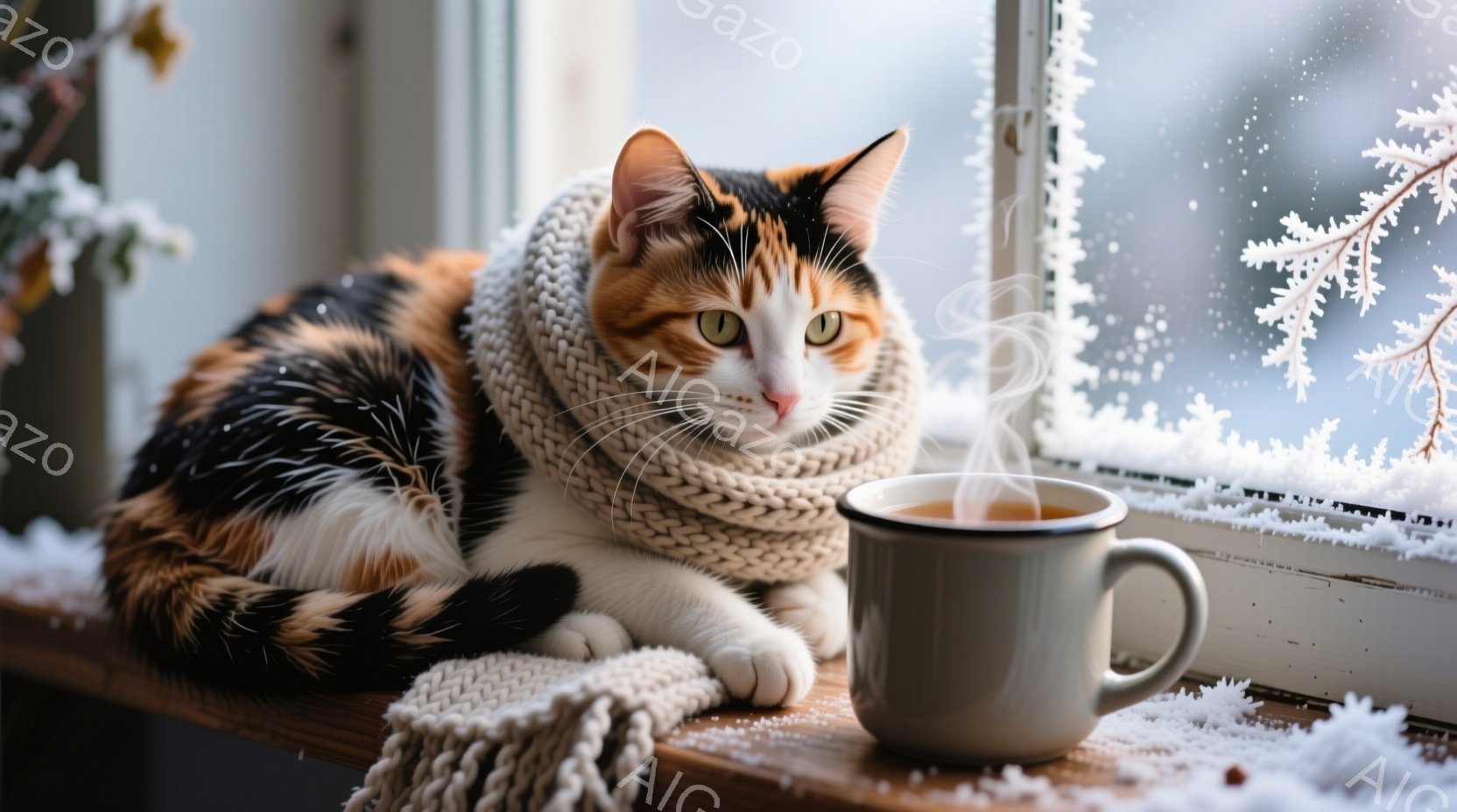 白と茶色のまだら模様の猫が、暖かいクリーム色のニットのマフラーを巻いて窓辺に横たわっています。猫はリラックスした表情で、少し眠たげな目をしています。窓の外には雪が降り積もり、暖かく穏やかな冬の雰囲気を - AI生成フリー素材