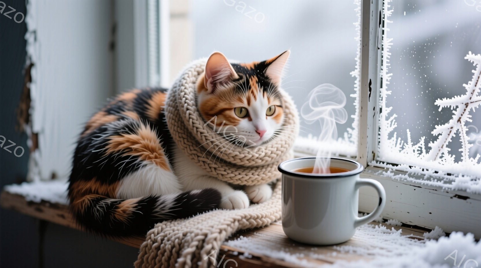白とオレンジ色のまだら模様の猫が、白い窓枠に座ってこちらを見つめている。首にはクリーム色の編み物のマフラーが巻かれ、暖かく冬らしい雰囲気を醸し出している。背景には雪が降り積もった窓があり、温かい飲み物 - AI生成フリー素材