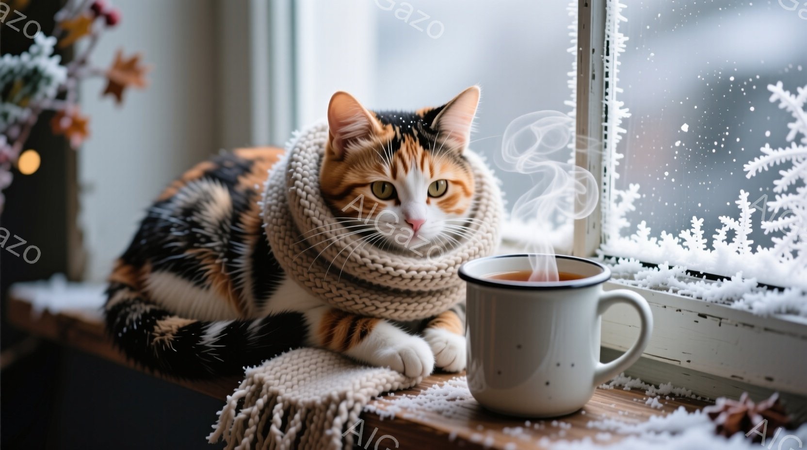 白と黒のまだら模様の猫が、クリーム色の編み物のマフラーを首に巻き、窓辺に丸まって座っています。猫の表情は穏やかで、リラックスした様子が伝わってきます。背景には雪が舞う冬景色が広がり、温かい飲み物の入ったマグカップが猫の隣に置かれています。