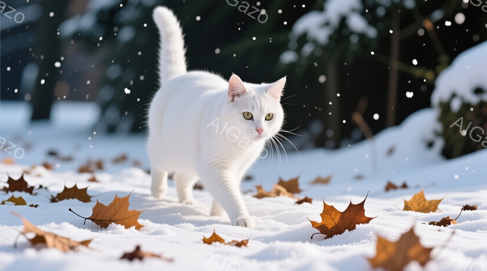 白い猫が雪の上を歩いている。秋の落ち葉が雪の上に散らばっており、冬の始まりを感じさせる風景だ。猫はまっすぐ前を見ており、凛とした表情で、雪景色の中に溶け込んでいる。