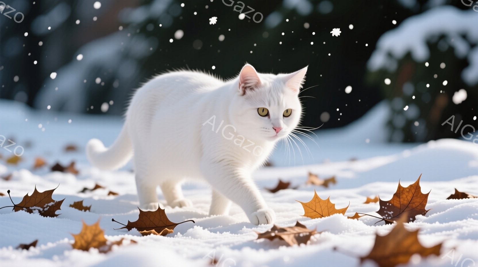 白い毛並みの猫が雪の上に歩いている様子が写っている。背景にはぼやけた緑の植物と落ち葉が散らばり、冬の穏やかな風景を表現している。猫は前方をまっすぐ見つめ、凛とした佇まいで雪の中を歩いている。