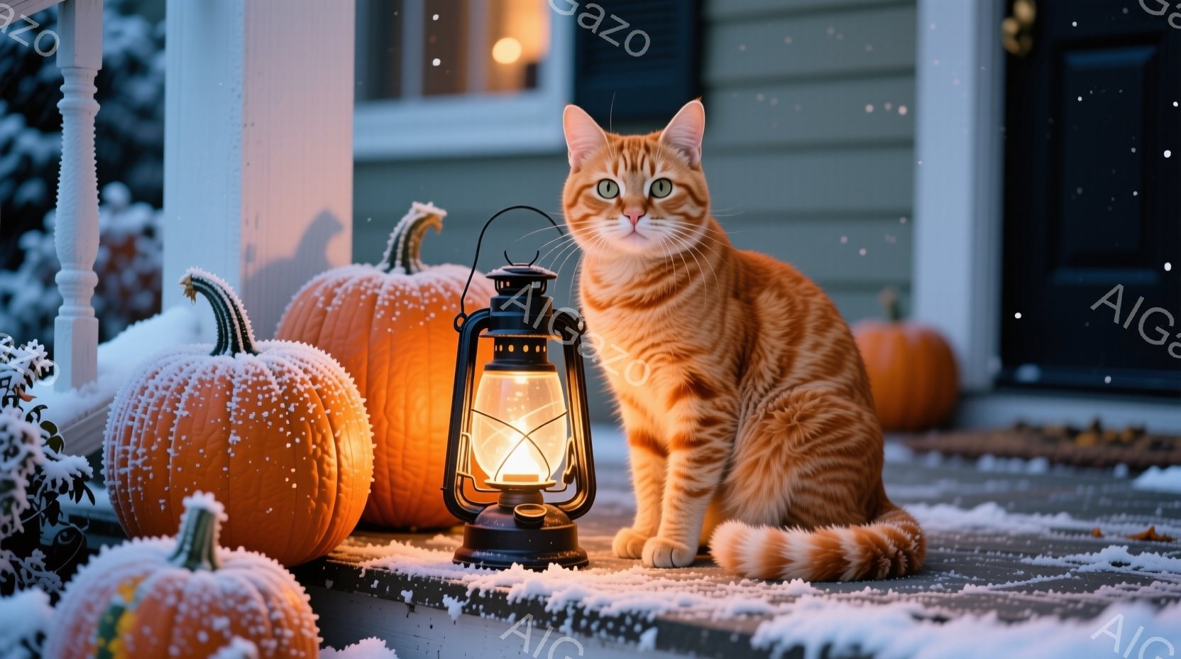 オレンジ色のトラ猫が、ハロウィーンの装飾であるかぼちゃとランタンの間に座っています。猫は前足を揃え、まっすぐ前を見て、リラックスした表情をしています。背景には、雪が降り積もる家のベランダがあり、暖色の - AI生成フリー素材
