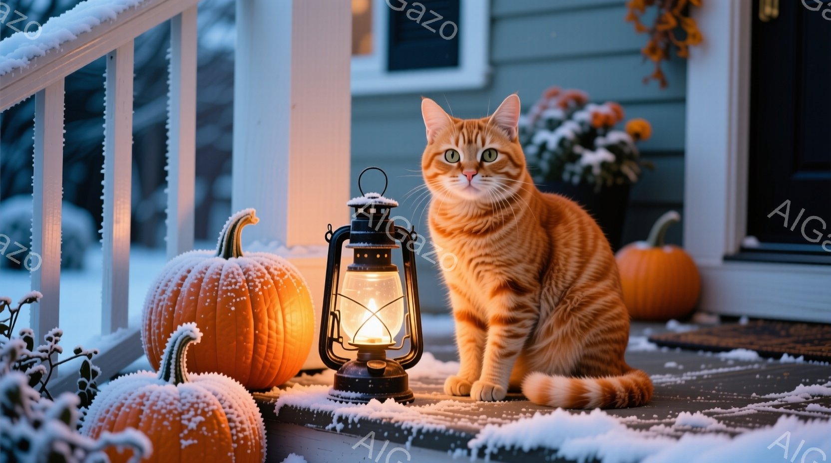 オレンジ色の縞模様の猫が、雪で覆われた家のポーチに座っています。猫は前をまっすぐ見ており、リラックスした表情で、周囲のハロウィーンの装飾（カボチャとランタン）に囲まれています。背景には、雪が降る穏やか - AI生成フリー素材