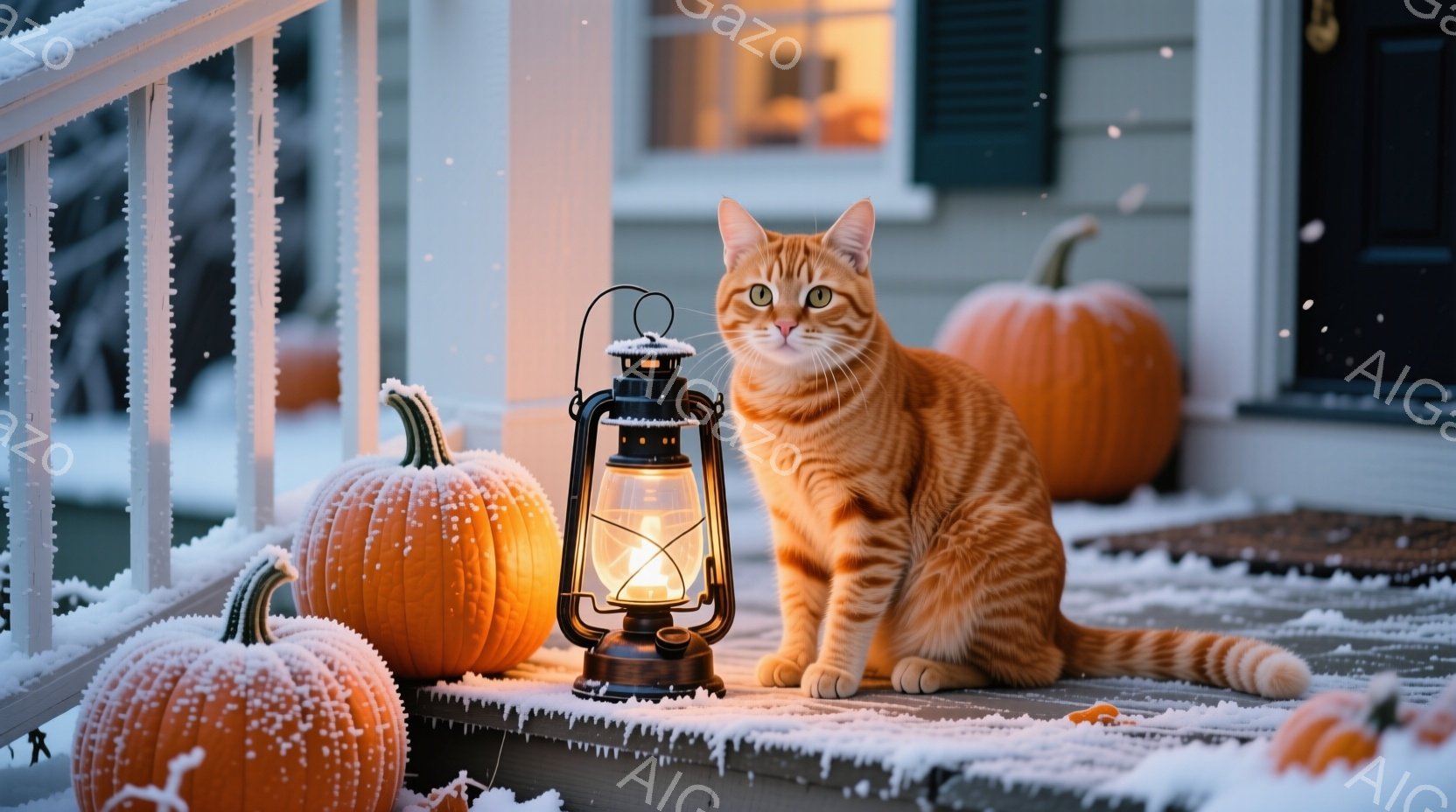 オレンジ色の猫が、雪で覆われた家のポーチに座ってこちらを見つめている。周囲にはハロウィーンの装飾であるカボチャがいくつか置かれ、点灯したランタンが暖かな光を放っている。雪が舞う中で、猫とカボチャ、ラン - AI生成フリー素材