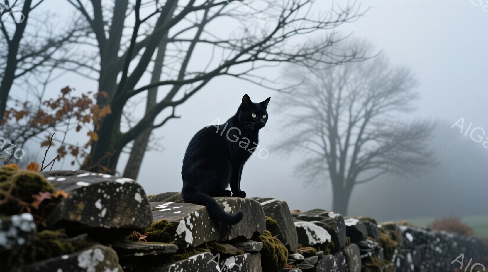 黒猫が石積みの壁の上に座り、正面を見つめている。背景は霧に包まれ、木のシルエットがぼんやりと見える静かな田園風景が広がっている。全体的に陰鬱で、神秘的な雰囲気を醸し出している。