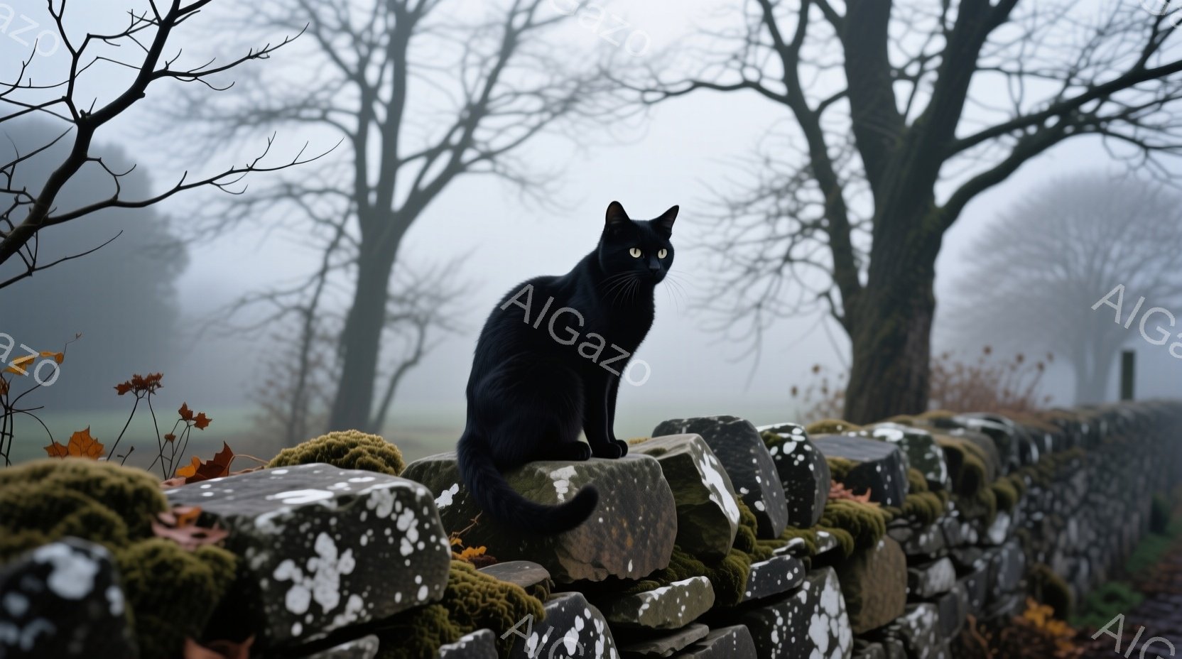 黒猫が石積みの壁の上に座り、正面を見つめている。壁は苔で覆われ、周囲にはぼやけた木々と霧が立ち込めている、秋の寂しげな風景である。猫の表情は落ち着いており、全体的にミステリアスで静謐な雰囲気を醸し出している。